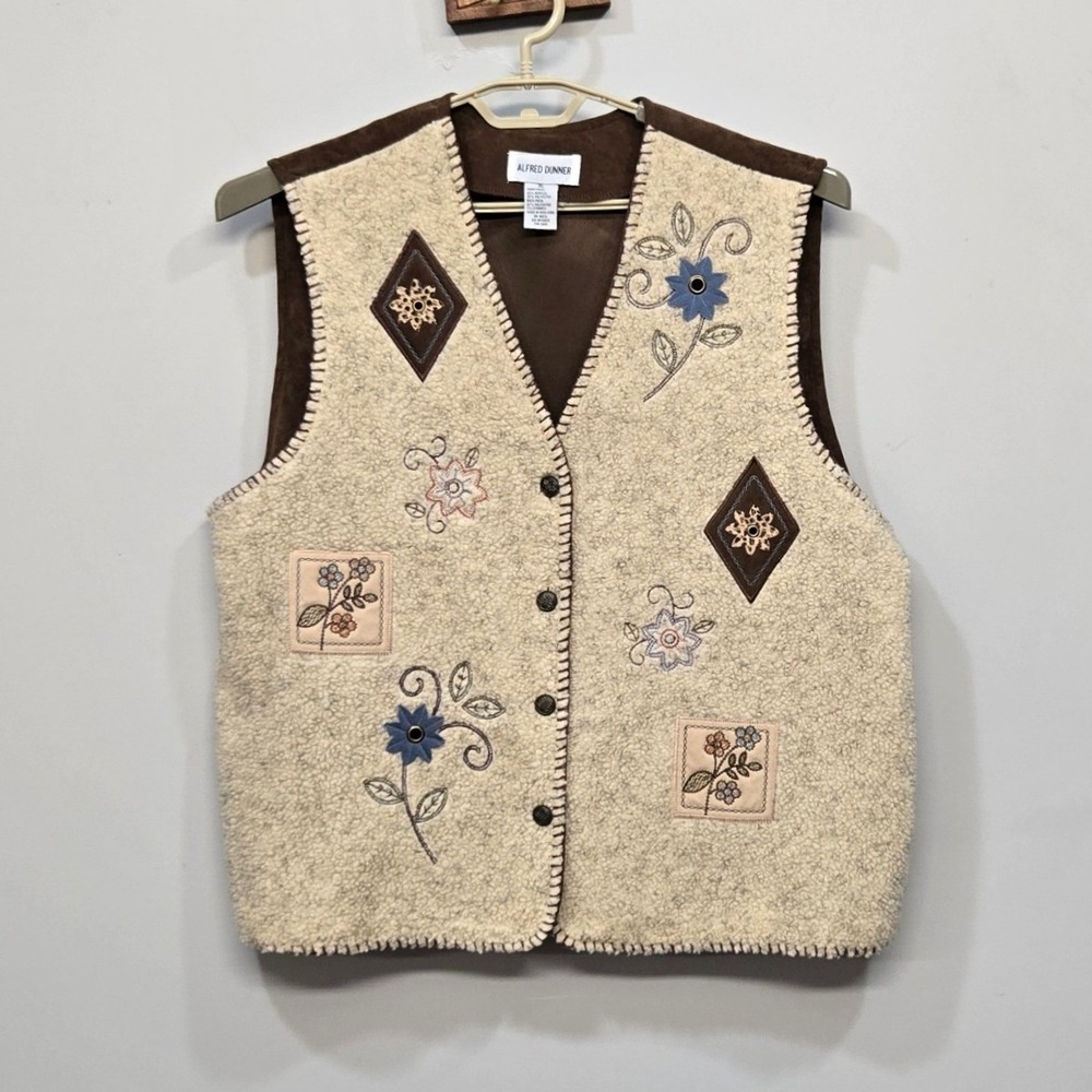 Vintage Y2K Alfred Dunner Vest XL Oatmeal Embroidered Floral Sherpa Cottage NWT